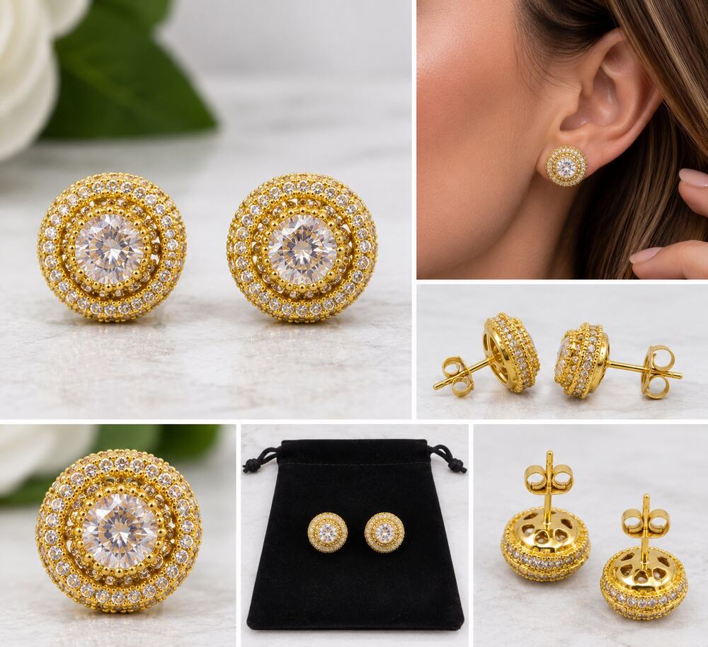 Gold-Tone Round Halo Crystal Stud Earrings